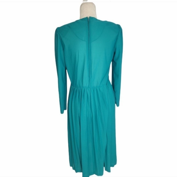 VINTAGE 90s dress teal long sleeve pleated midi M - Picture 3 of 10